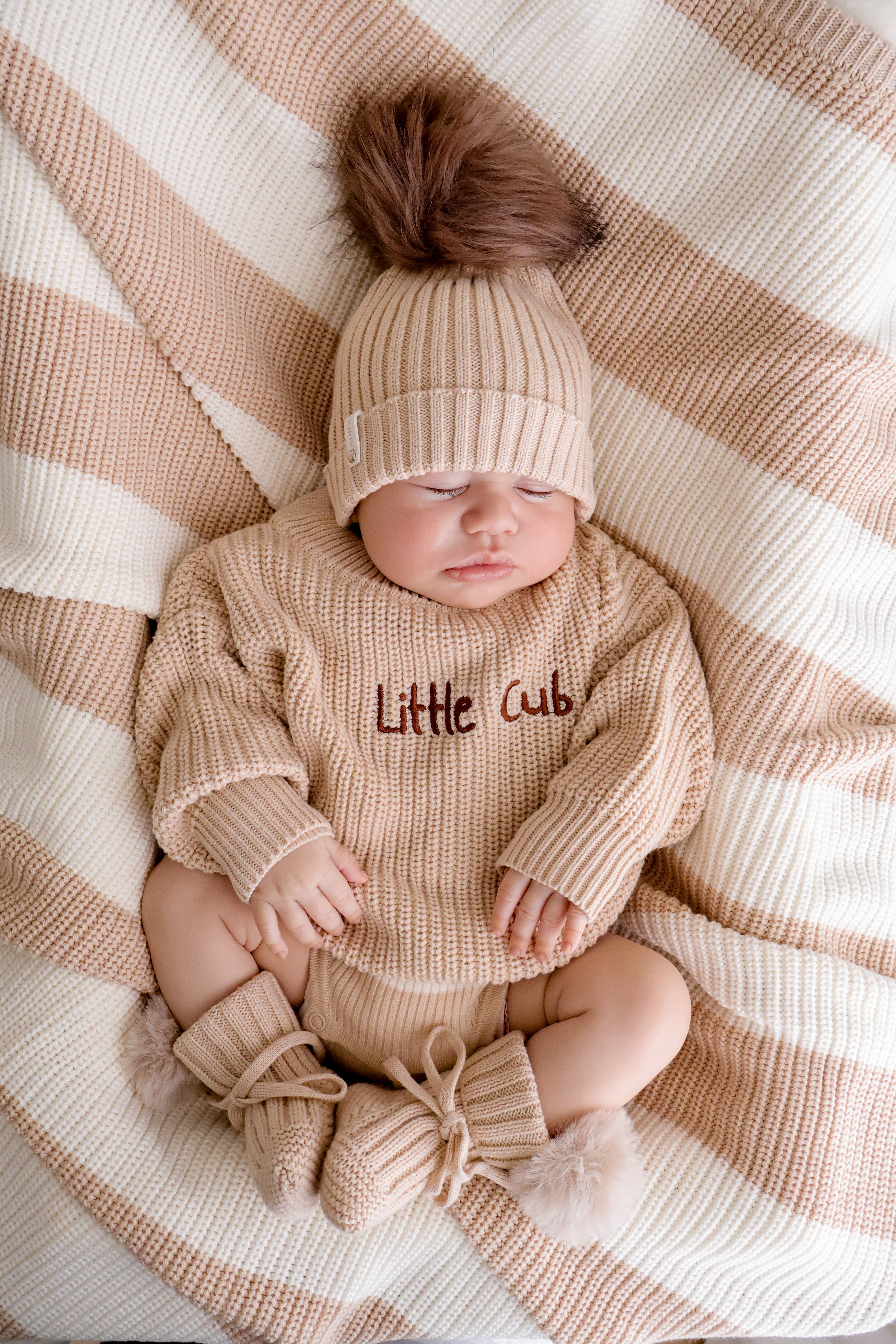 Almond Beanie with Chocolate Pom