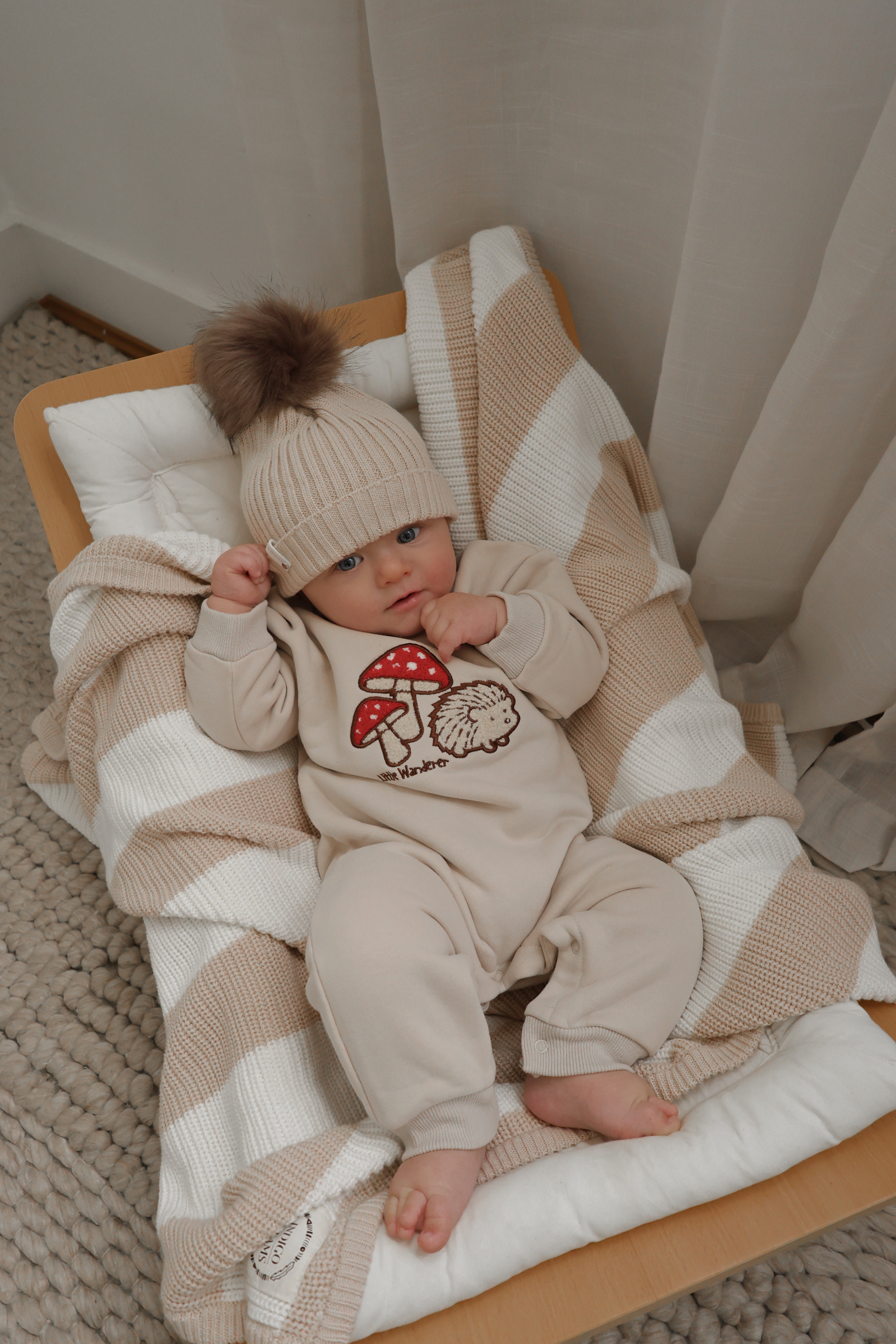 Almond Beanie with Chocolate Pom