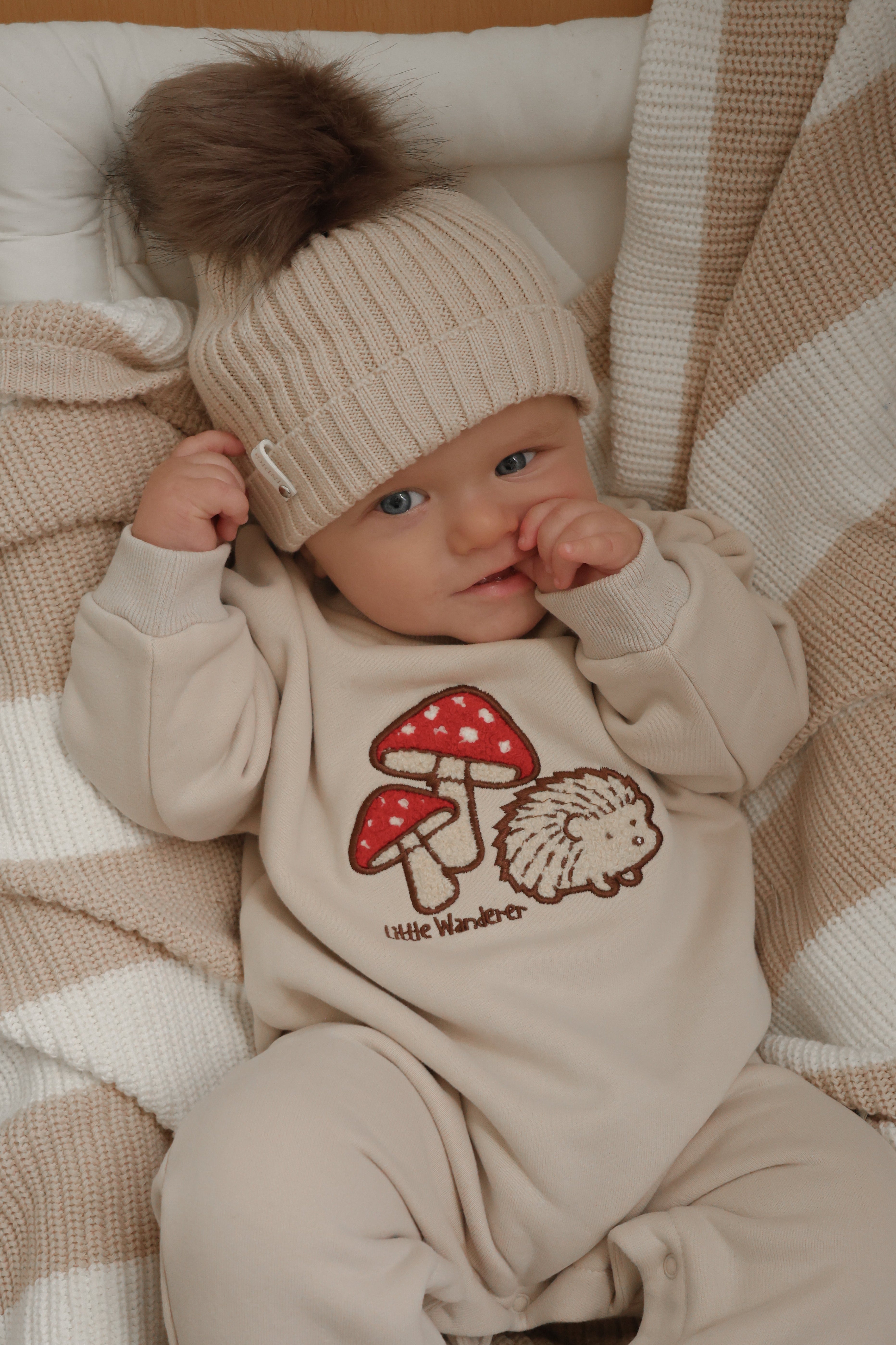 Almond Beanie with Chocolate Pom