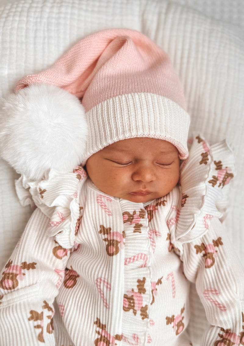 Pink Santa Beanie White Pom