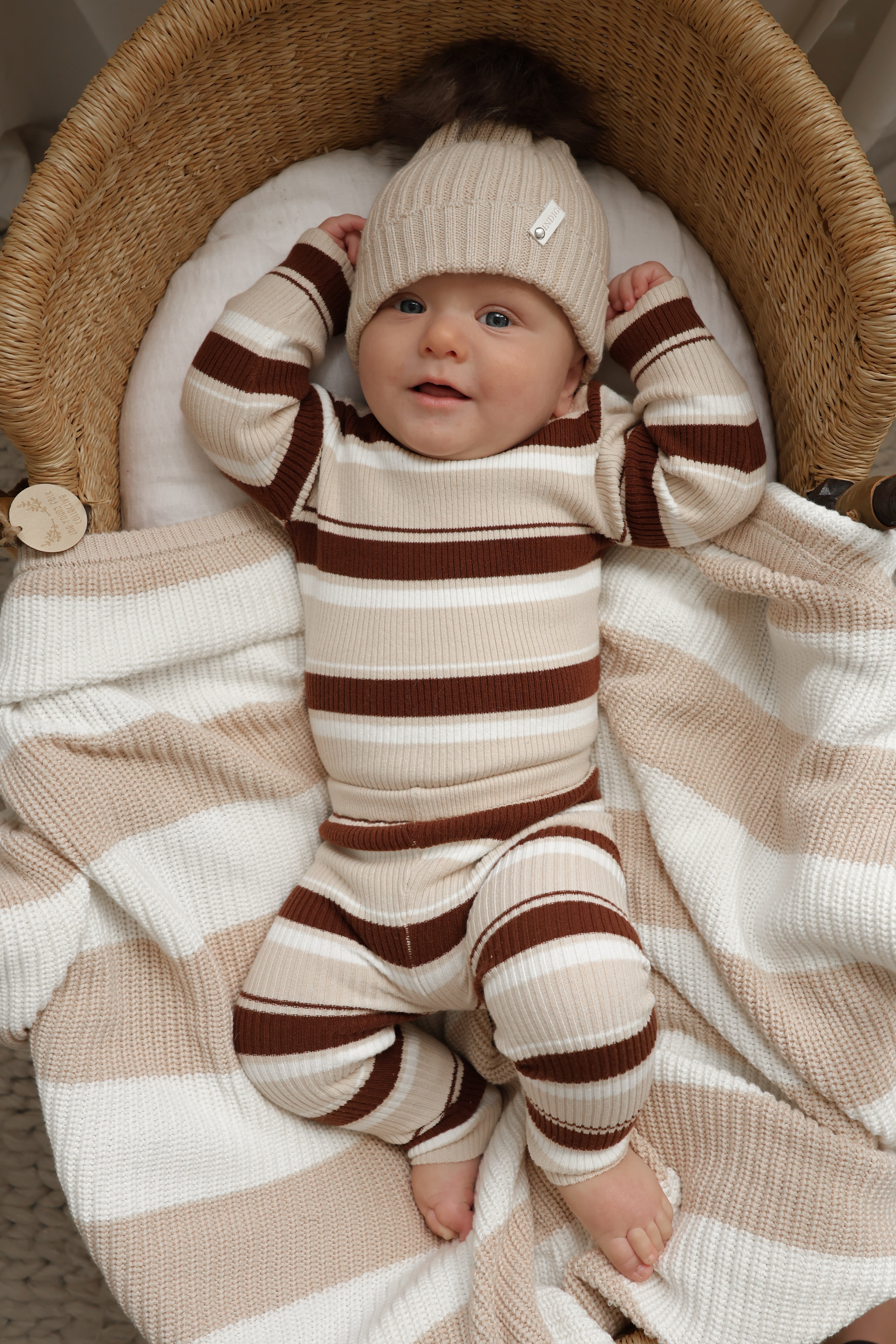 Almond Beanie with Chocolate Pom