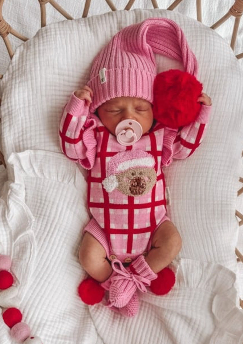 Santa Bear Longsleeve Romper - Candy