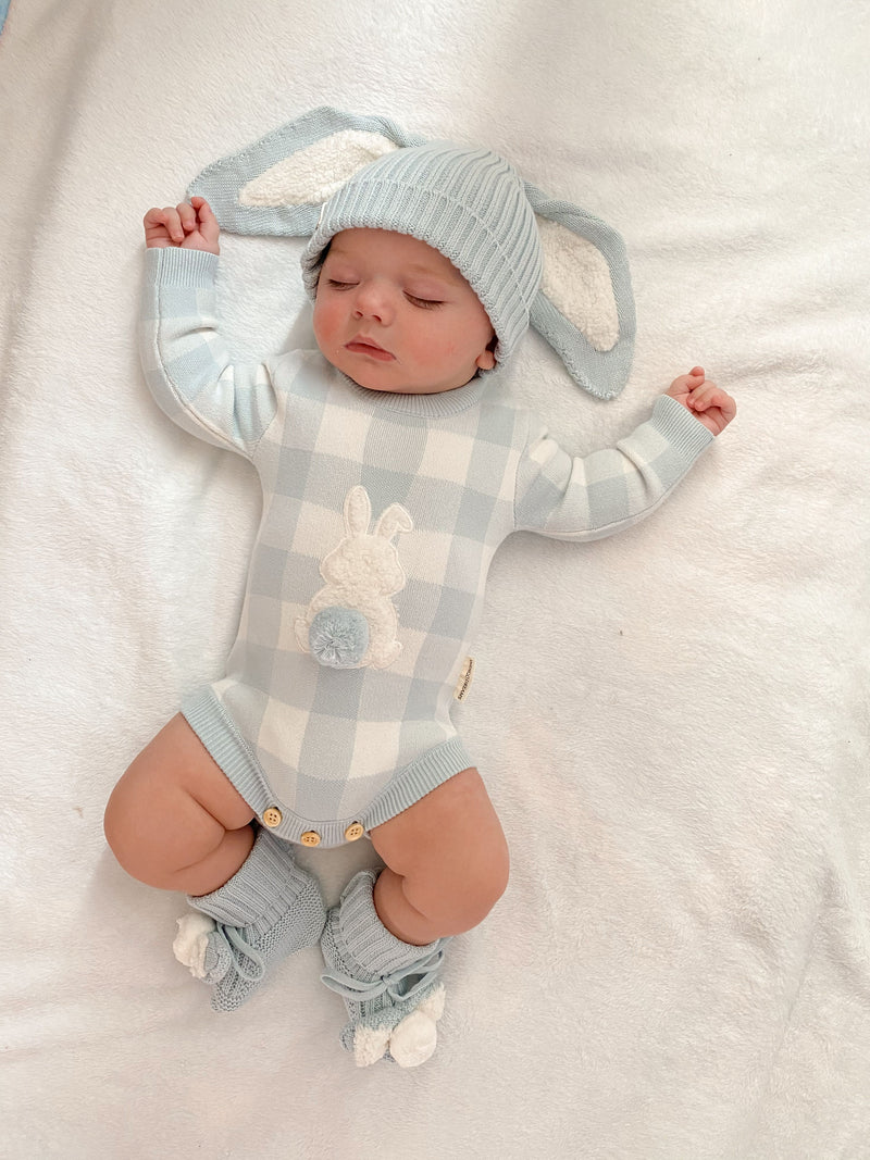 Gingham Bunny Longsleeve Romper - Powder Blue