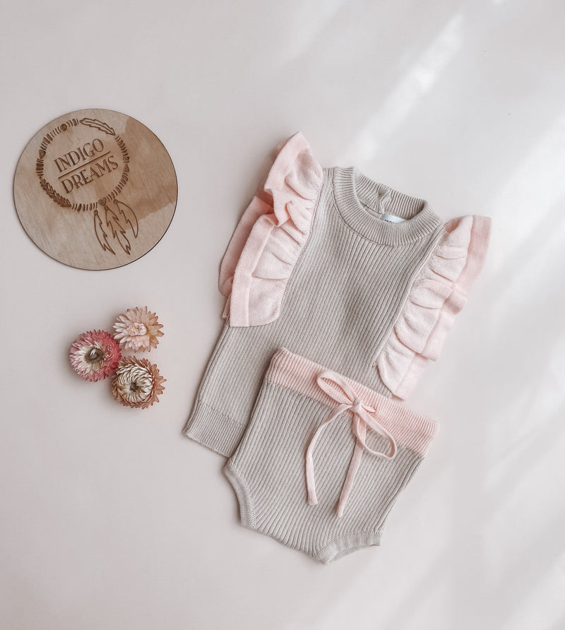 Soft Pink and Stone Frill Knit Set